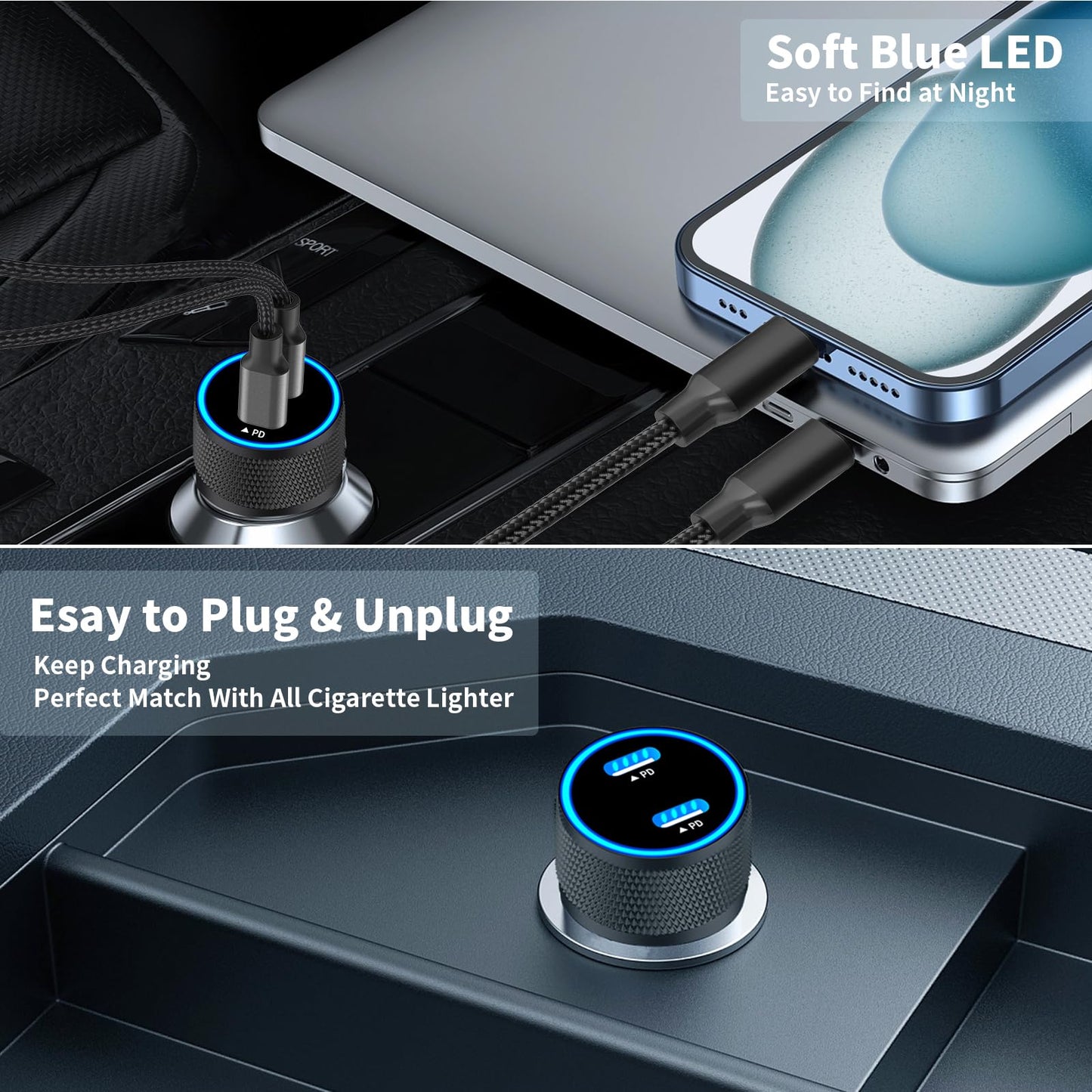 USB-C Fast Car Charger for iPhone 15, KASHIMURA [Apple MFi Certified] 72W Cigarette Lighter Type-C Car Charger Fast Charging+2Pack USB-C Braided Cable for iPhone 15 Plus/15 Pro/15 Pro Max/iPad Pro/Air
