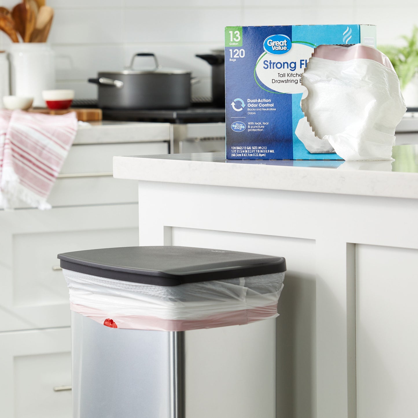Strong Flex 13-Gallon Drawstring Tall Kitchen Trash Bags, Fresh Scent, 40 Bags