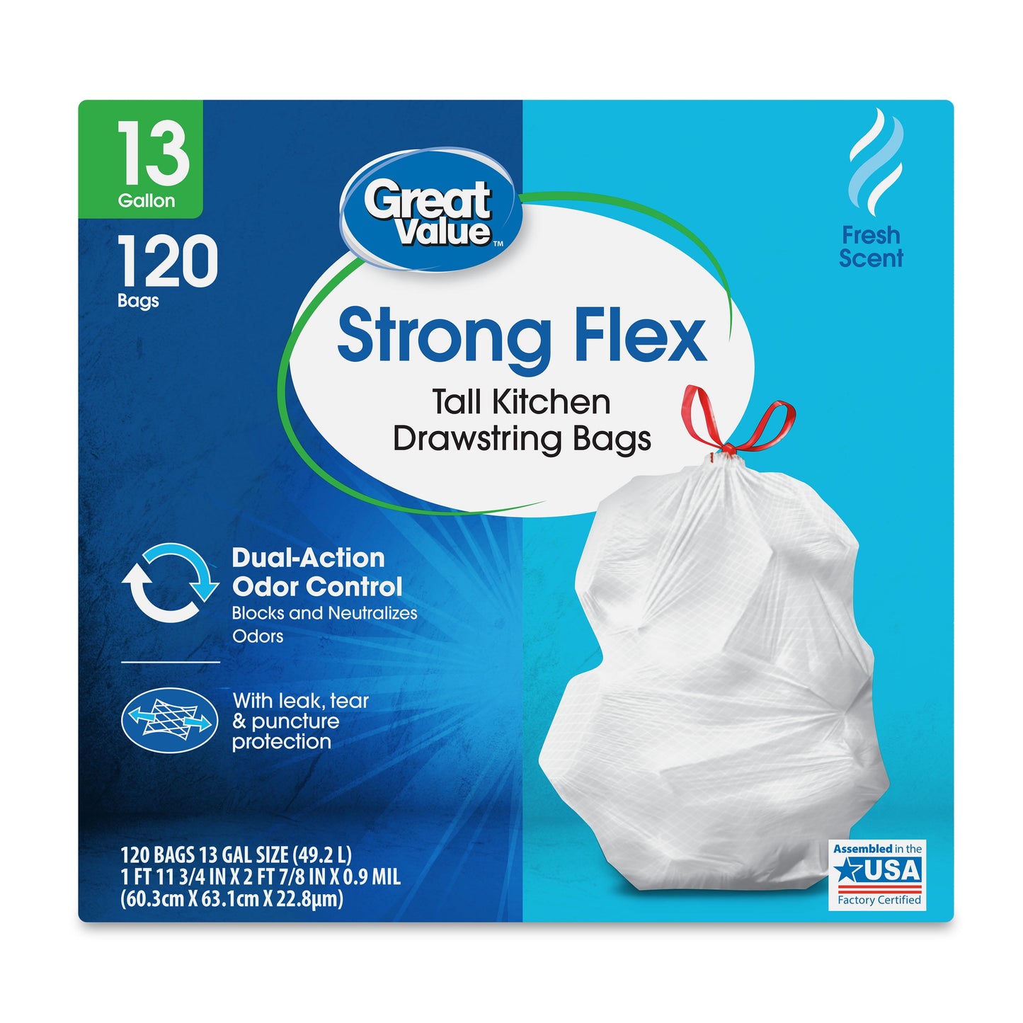 Strong Flex 13-Gallon Drawstring Tall Kitchen Trash Bags, Fresh Scent, 40 Bags