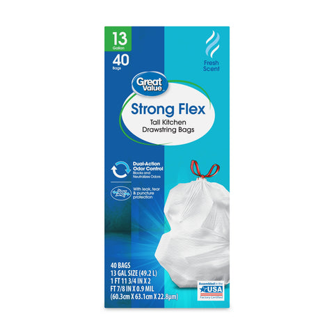 Strong Flex 13-Gallon Drawstring Tall Kitchen Trash Bags, Fresh Scent, 40 Bags