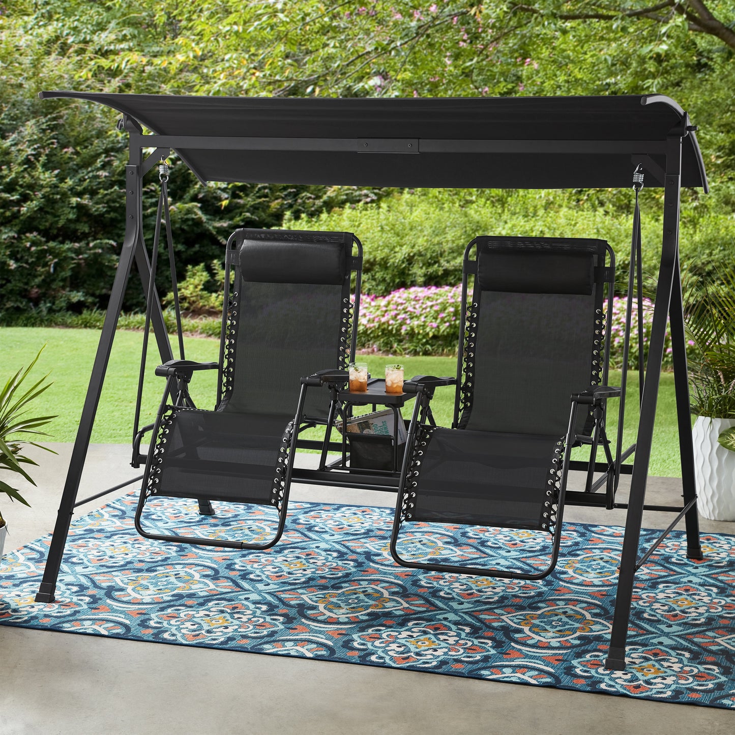 2-Seat Reclining Oversized Zero-Gravity Swing with Canopy and Center Storage Console
