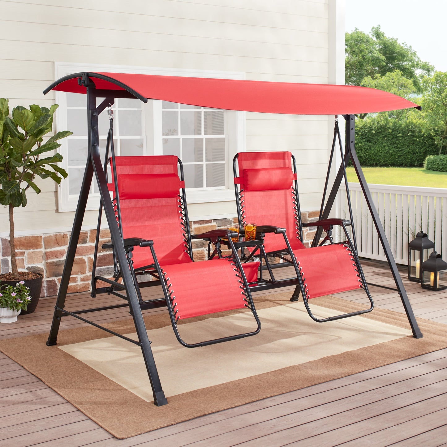 2-Seat Reclining Oversized Zero-Gravity Swing with Canopy and Center Storage Console