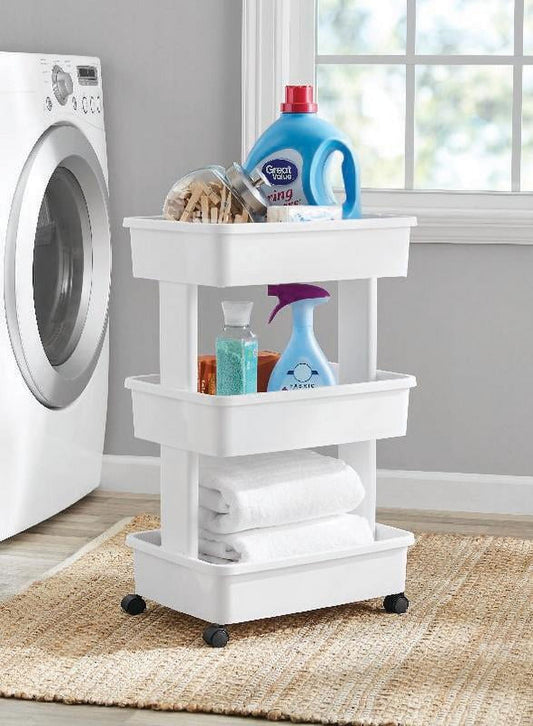 3-Tier Plastic Multi-Purpose Rolling Laundry Cart, Arctic White, Case Pack 1