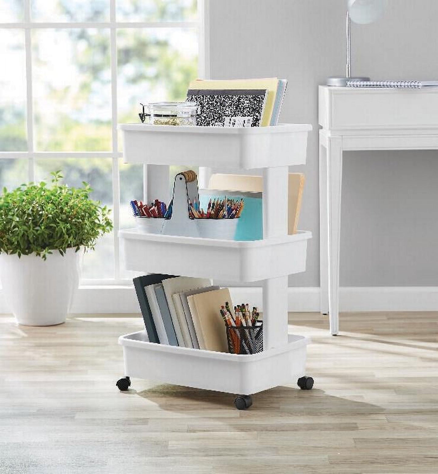 3-Tier Plastic Multi-Purpose Rolling Laundry Cart, Arctic White, Case Pack 1